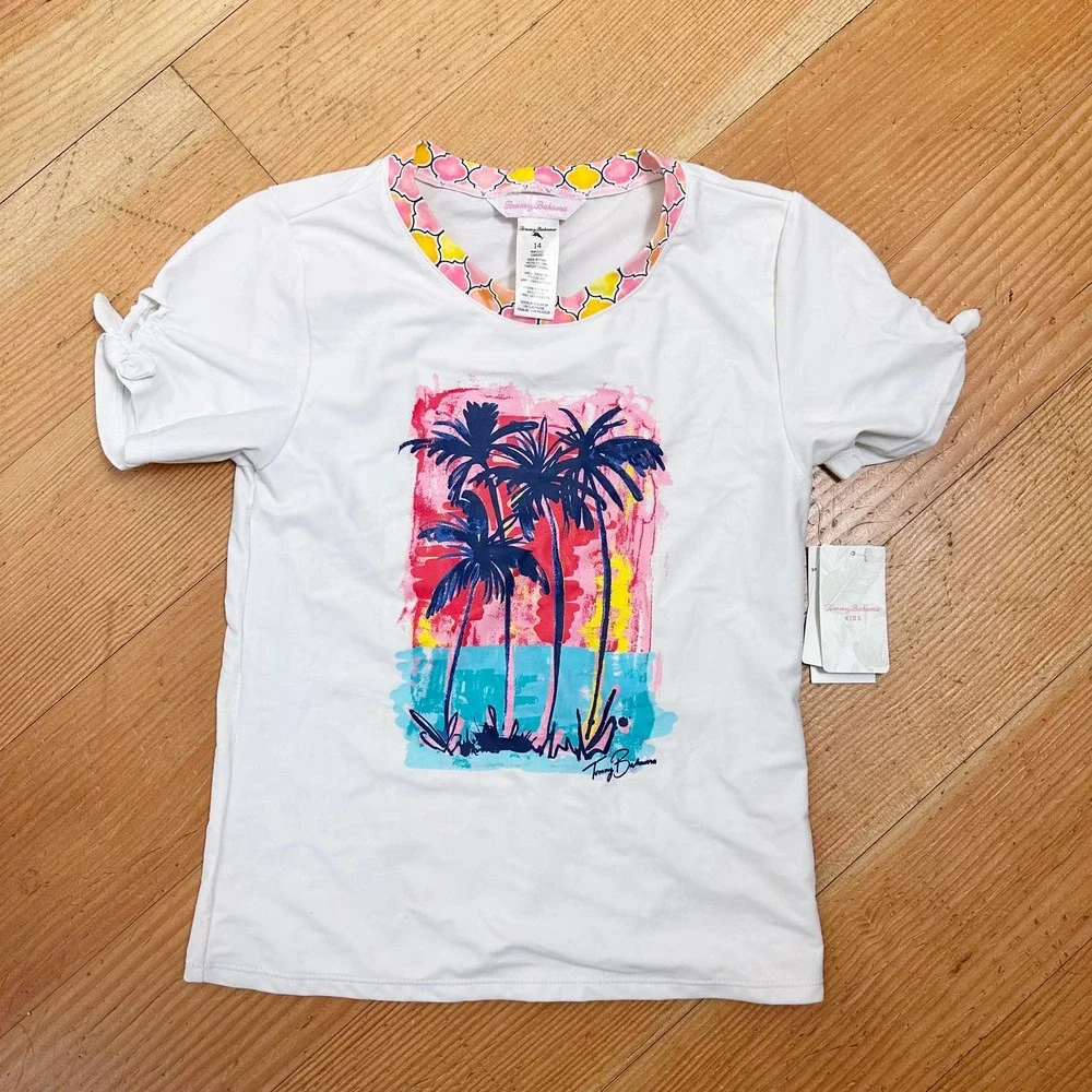 NWT Tommy Bahama Girl's Rash Guard Swim Shirt Palm Trees sz 14